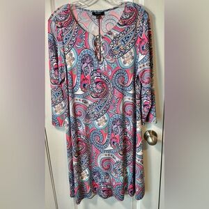 MSK Dress/Shift, MultiColor Paisley Print, 3 "O" Rings/Keyhole Neckline Sz Large